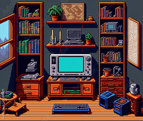 Pixel art game room, bedroom with video game consoles, background in retro style for 8 bit game, Generative AI