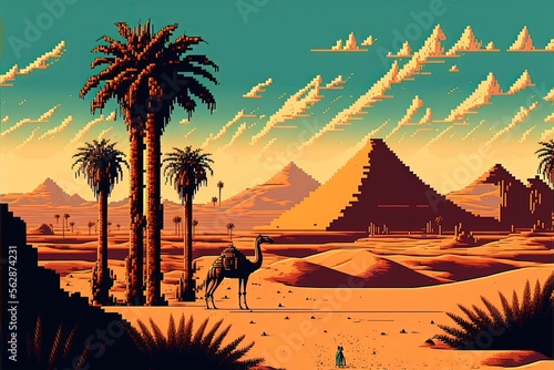 Pixel art ancient egypt with pyramids and monuments  background in retro style for 8 bit game  Generative AI