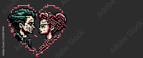 Pixel art Valentine couple with heart and space for text, Valentine's Day background, background in retro style for 8 bit game, Generative AI 