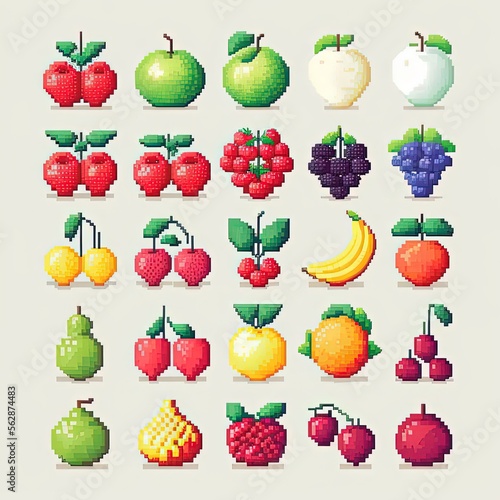 Pixel art fruit set  fruit collection  retro style item for 8 bit game  Generative AI