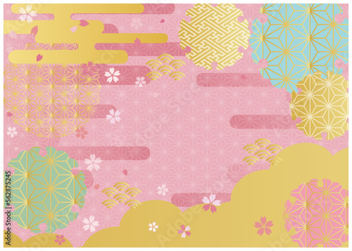 ピンク和紙と金箔_和柄背景