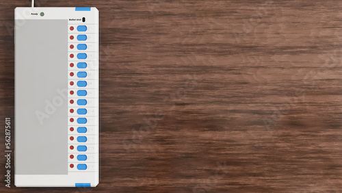 3d rendering of ballot unit of indian electronic voting machine, in wooden table and with copy space, India elections. photo