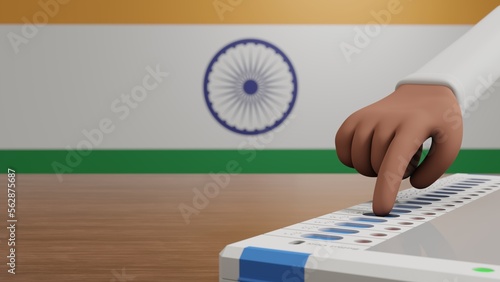 3d rendering of hand pressing button on ballot unit of indian electronic voting machine, with India flag in background and copy space, India elections.