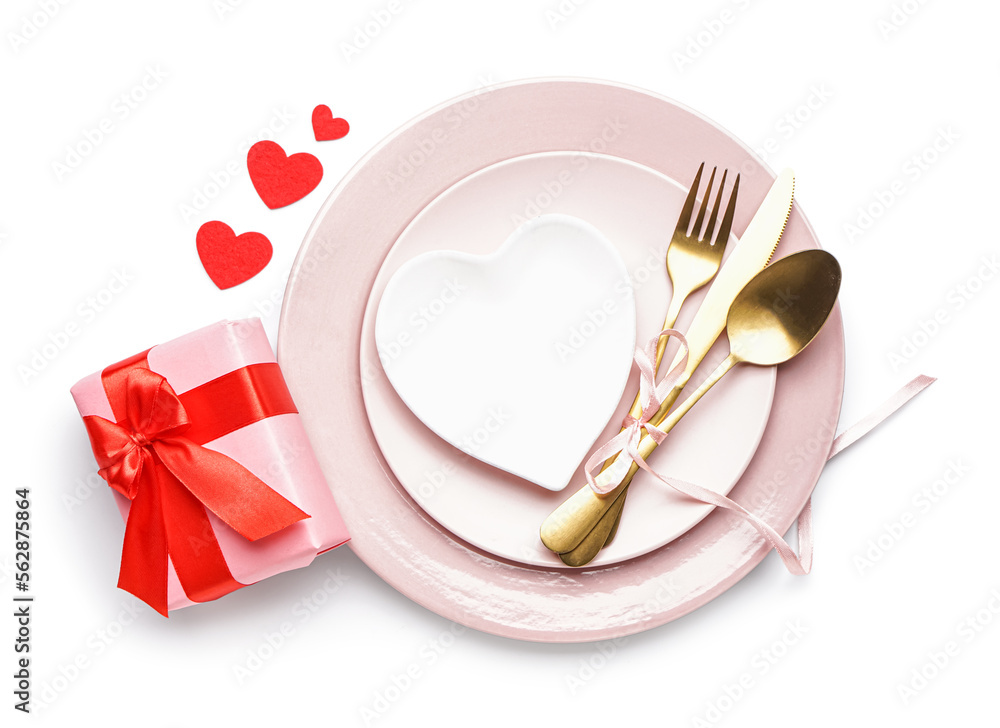 Fototapeta premium Table setting for Valentine's Day with gift isolated on white background