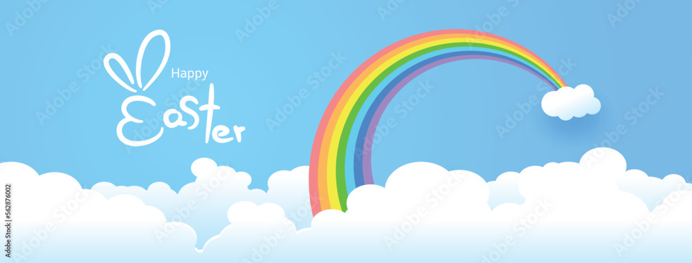 Naklejka premium Happy Easter hand lettering with Rainbow and clouds background, paper art style, Vector illustration