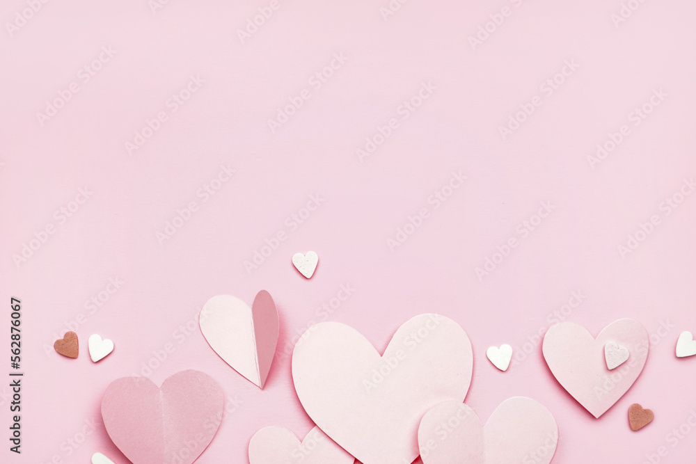 Composition with paper hearts on pink background. Valentines Day celebration Composition with paper hearts on pink background. Valentines Day celebration