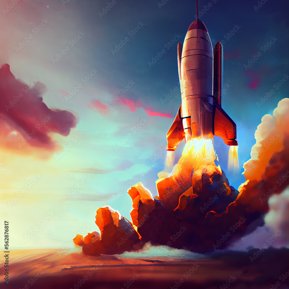 Obraz premium Illustration of rocket and copy space for start up business. Creativity and imagination.