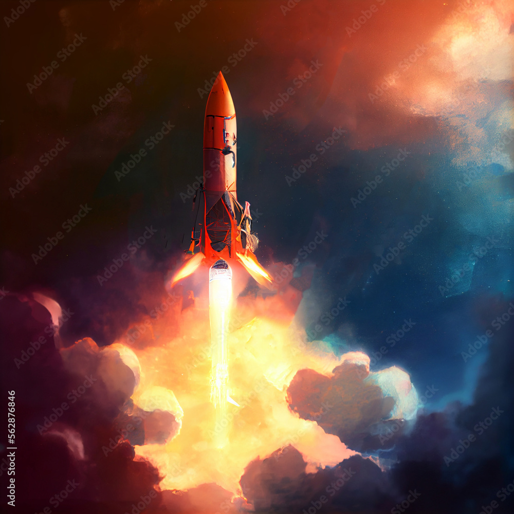 Obraz premium Illustration of rocket and copy space for start up business. Creativity and imagination.