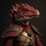 a red kobold covered in scales and wearing dirty battered armor, Generative AI
