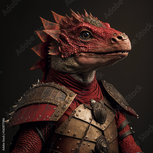 a red kobold covered in scales and wearing dirty battered armor, Generative AI photo