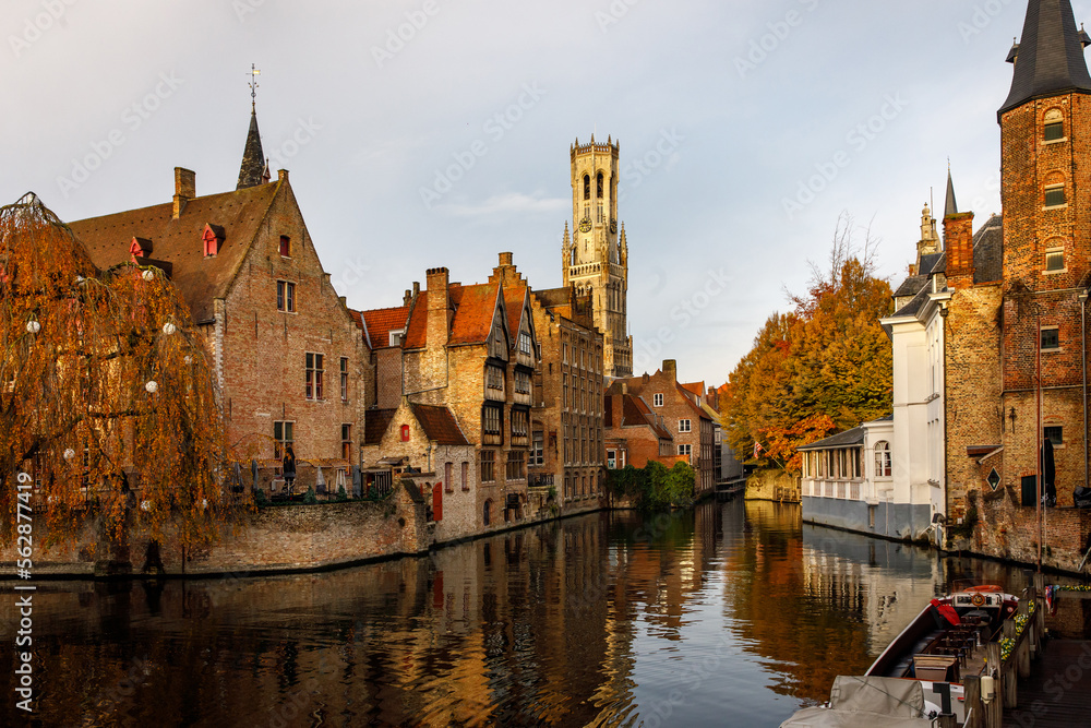 Classic view of Brugge historic city center, Belgium. Old touristic Bruges.