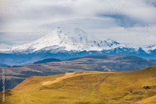 A view on Elbrus mountain and Malka river valley. Dzhili-Su, Republic of Kabardino-Balkaria