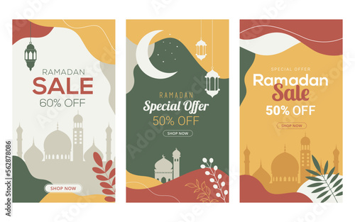 Ramadan Kareem, Happy Ramadan, greeting card. Eid mubarak, Islamic holiday background. Story template set. Sale design banners