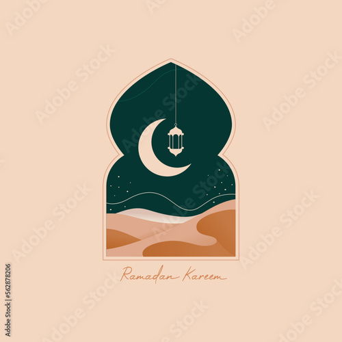 Ramadan Mubarak greeting cards with retro boho design, moon, mosque dome and lantern