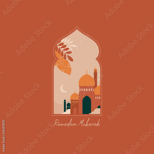 Ramadan Mubarak greeting cards with retro boho design, moon, mosque dome and lantern