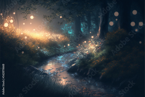 Mysterious forest river with magical lights