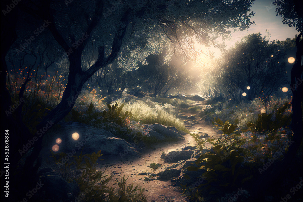 Mysterious forest with magical lights