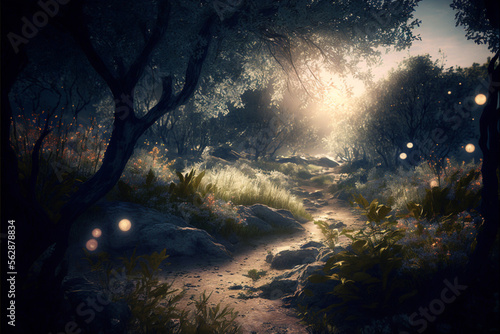 Mysterious forest with magical lights