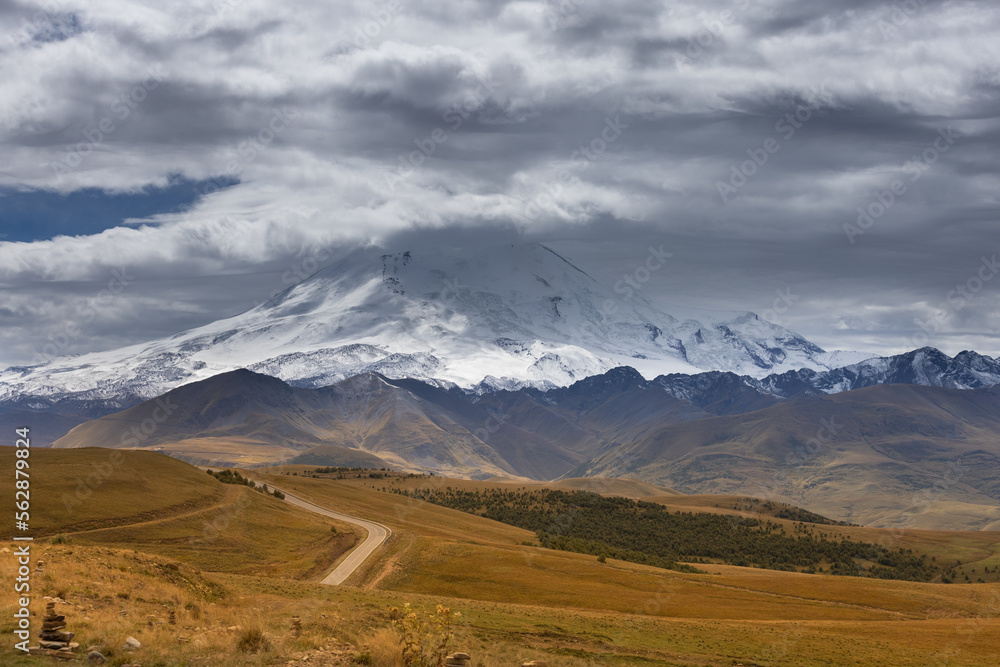 A view on Elbrus mountain and Malka river valley. Dzhili-Su, Republic of Kabardino-Balkaria
