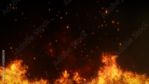 3D illustration. fire and Burning embers glowing. Fire Glowing Particles on Black Background