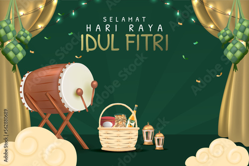 Happy Eid Mubarak. 3D Realistic Poster Design with Typical Eid Cookies from Indonesia. Eid Al Fitr Graphic Design with 3D Realistic Islamic Ornament.
