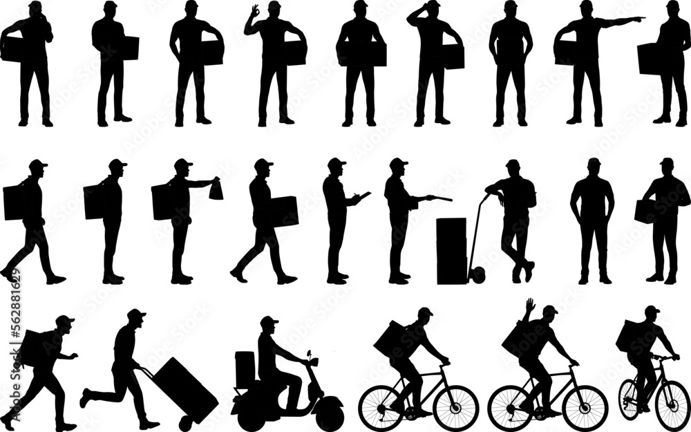 Silhouettes set of delivery guy riding bike and scooter. Delivery man with package. Male worker holding cadboard box. Man with cart for cargo. Vector illustration isolated on white. Full-length view Silhouettes set of delivery guy riding bike and scooter. Delivery man with package. Male worker holding cadboard box. Man with cart for cargo. Vector illustration isolated on white. Full-length view