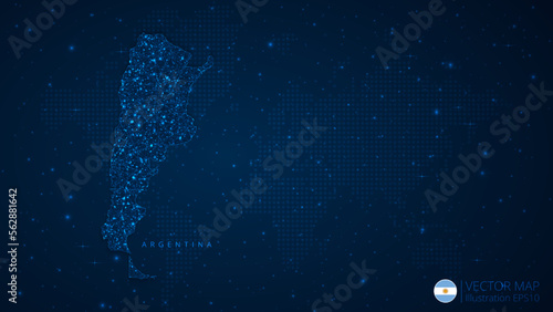 Map of Argentina modern design with polygonal shapes on dark blue background. Business wireframe mesh spheres from flying debris. Blue structure style vector illustration concept