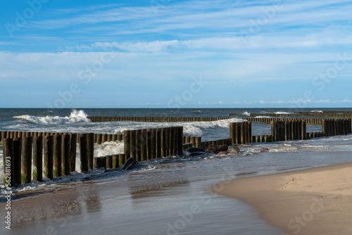 View of the Baltic Sea and wooden breakwaters of the city beach on a summer day  Svetlogorsk  Kaliningrad region  Russia