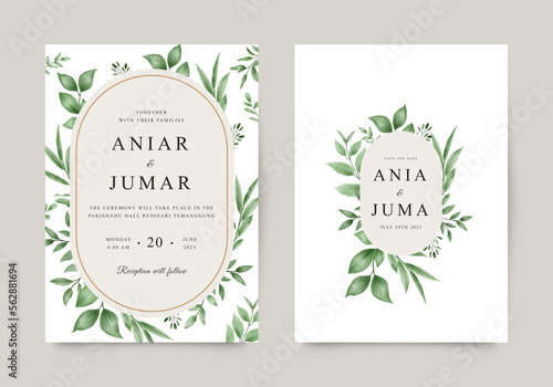 Elegant wedding invitation with green leaves decoration