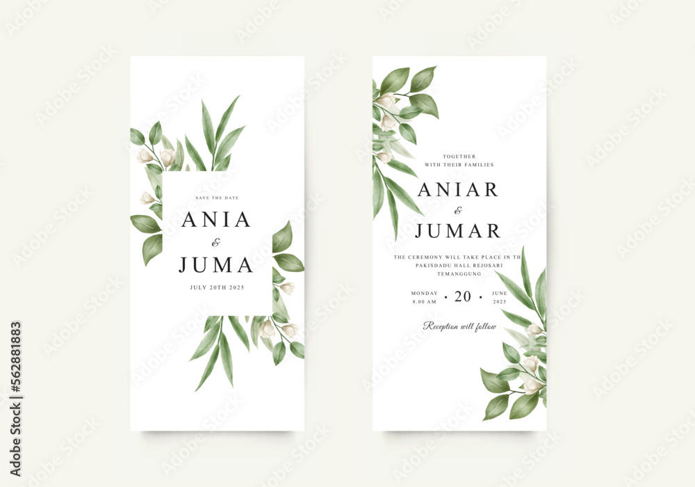 Watercolor flowers and green leaves for elegant wedding invitation card