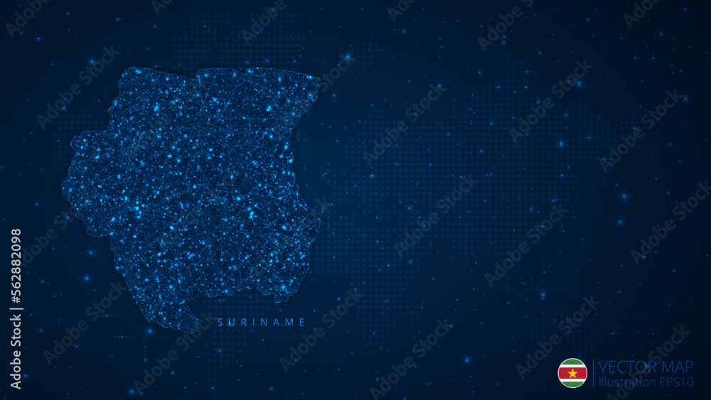 Map of Suriname modern design with polygonal shapes on dark blue background. Business wireframe mesh spheres from flying debris. Blue structure style vector illustration concept