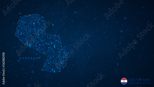 Map of Paraguay modern design with polygonal shapes on dark blue background. Business wireframe mesh spheres from flying debris. Blue structure style vector illustration concept