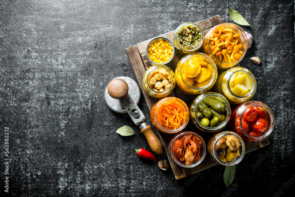 Preserved food on wooden tray. Preserved food on wooden tray.
