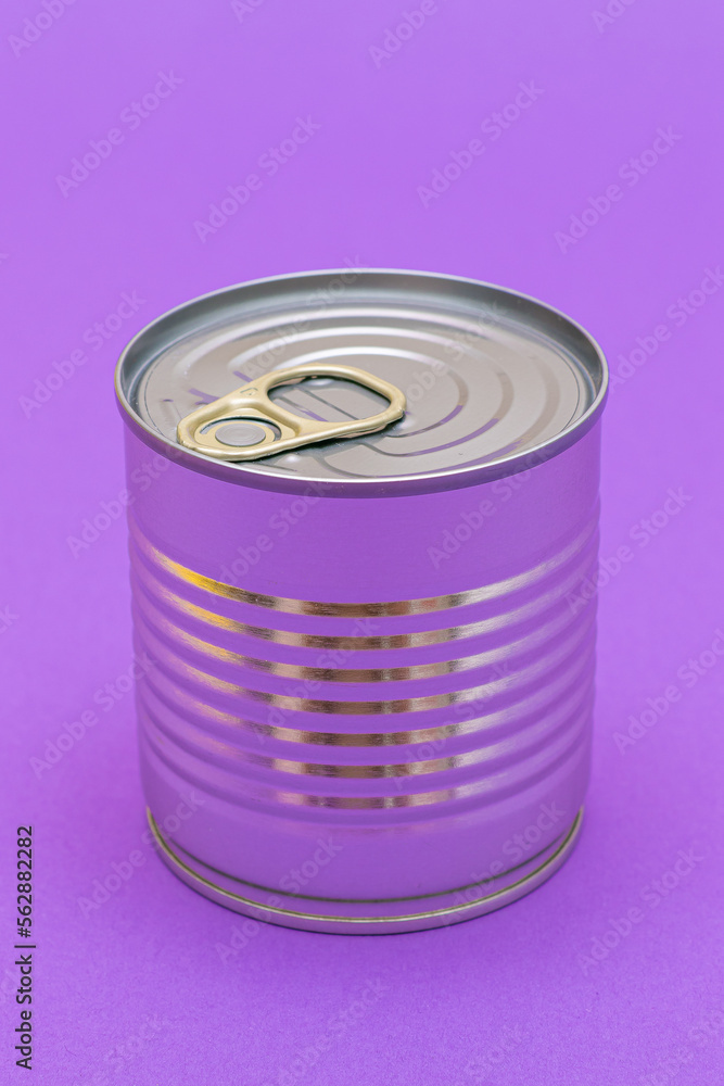 Unopened Tin Can with Blank Edge on Violet Background. Canned Food. Aluminum Can for Safe and Long Term Storage of Food. Steel Sealed Food Storage Container Unopened Tin Can with Blank Edge on Violet Background. Canned Food. Aluminum Can for Safe and Long Term Storage of Food. Steel Sealed Food Storage Container