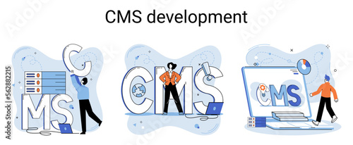 Digital content management system, CMS development software metaphor. Information system or computer program enable organize collaborative process of creating, editing and managing soft in network