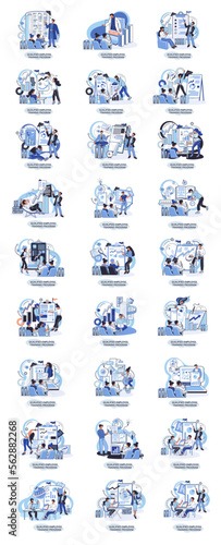 Qualified employee training program. Refresher course metaphor. Help in professional development. Learning for software development and growth. Agile project management team project life scrum meeting