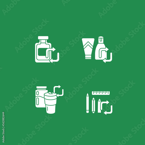 Recycled materials glyph icons set. Reusable products. Waste of glass, plastic and paper. Ecology concept. Filled flat sign. Isolated silhouette vector illustrations
