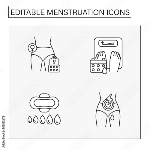 Menstruation line icons set. Birth conttrol. Hygienically products to absorb blood. Tampons, pods, menstrual cups. Women health concept. Isolated vector illustration. Editable stroke