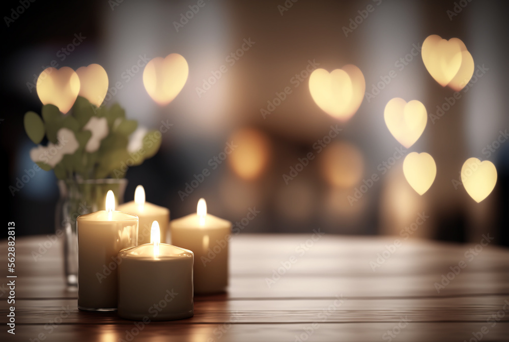 Romantic candles on wooden table, bokeh background, Generative AI Romantic candles on wooden table, bokeh background, Generative AI