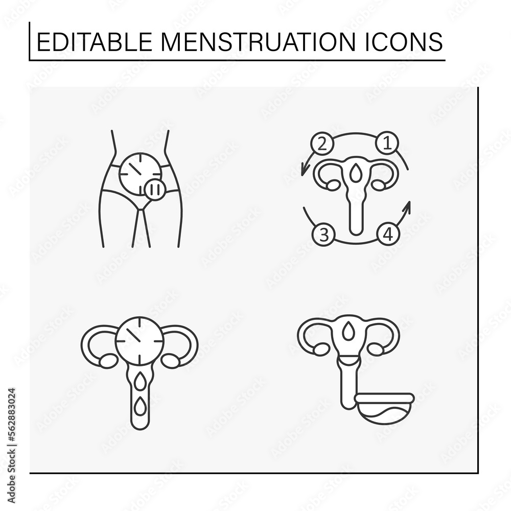 Menstruation line icons set. Menopause, menstrual disc.Monthly bleeding. Women health concept. Isolated vector illustration. Editable stroke Menstruation line icons set. Menopause, menstrual disc.Monthly bleeding. Women health concept. Isolated vector illustration. Editable stroke