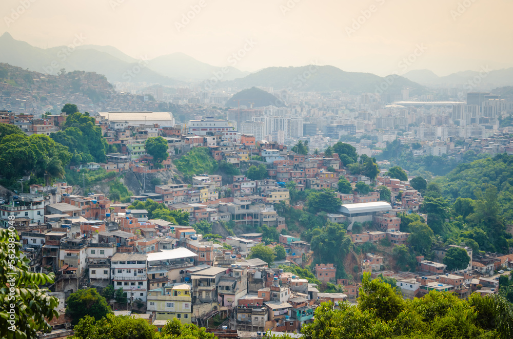 Buildings of Favela or Communinity Santa Marta mountain behind in Rio de Janeiro, Brazil.