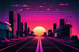 Beautiful retro classic street cityscape while sunset. Generative AI illustration
