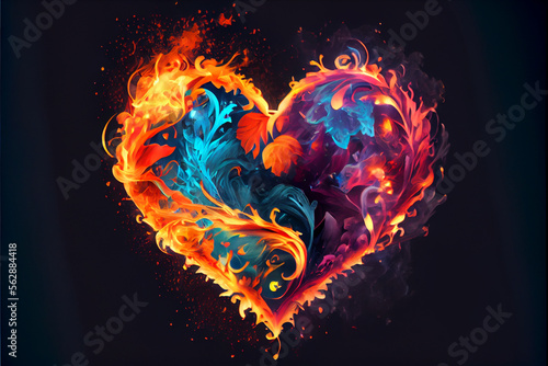 Fotografiet Colorful and passionate heart of fire isolated on black background