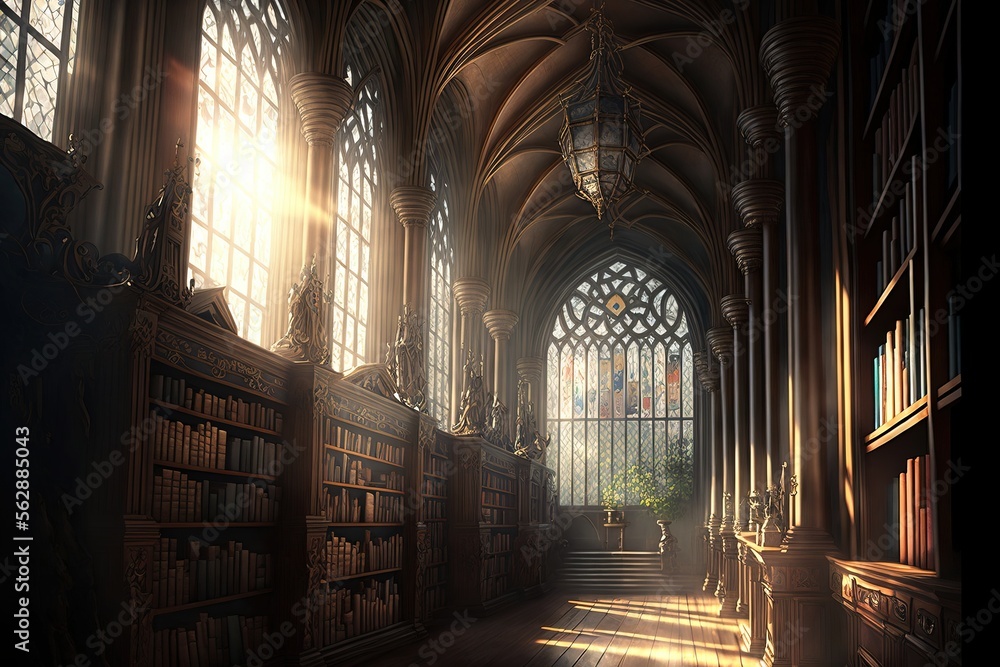 fantasy library in cozy cathedral environment. Generative AI fantasy library in cozy cathedral environment. Generative AI