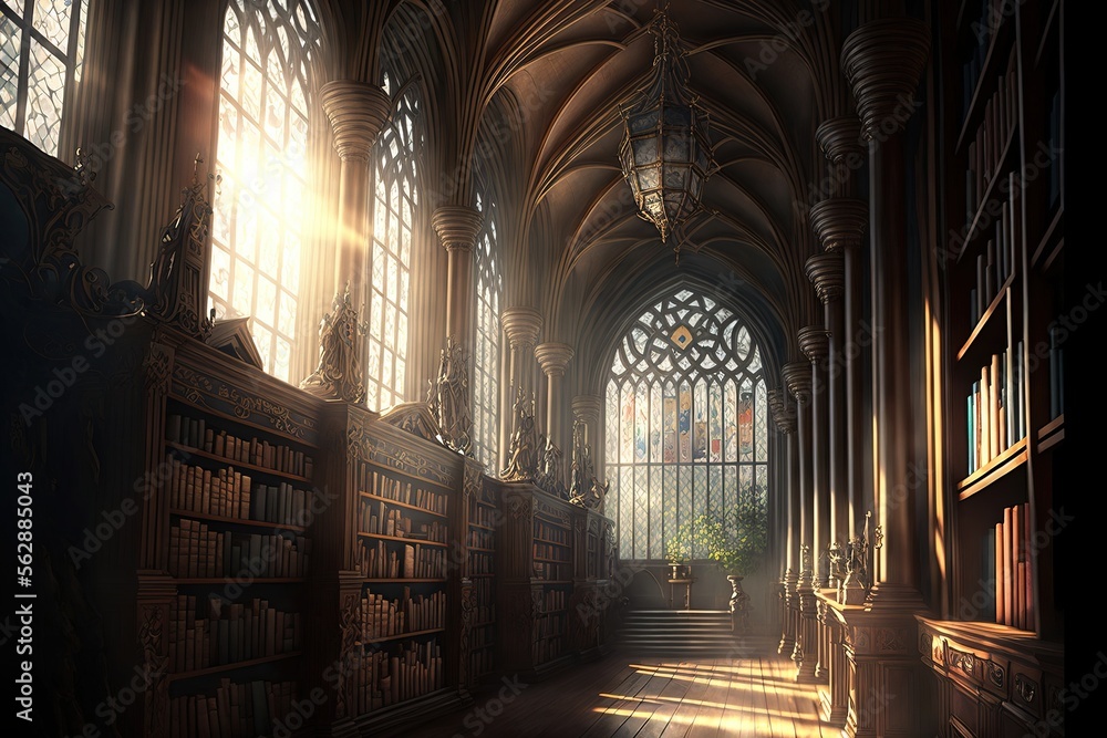 fantasy library in cozy cathedral environment. Generative AI