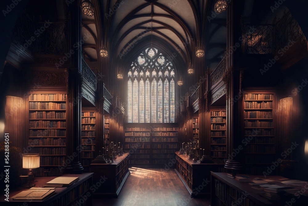 Naklejka premium fantasy library in cozy cathedral environment. Generative AI