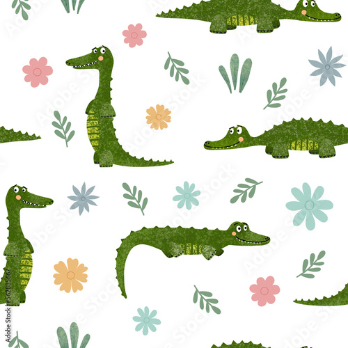 Cute crocodile and flowers seamless pattern on white background. Raster all over print for apparel  wallpaper  children   s clothes
