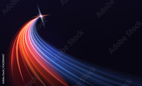 Modern abstract high speed light effect. Technology futuristic dynamic motion. Glow of bright lines of transport vehicle drive on road highway. Vector illustration