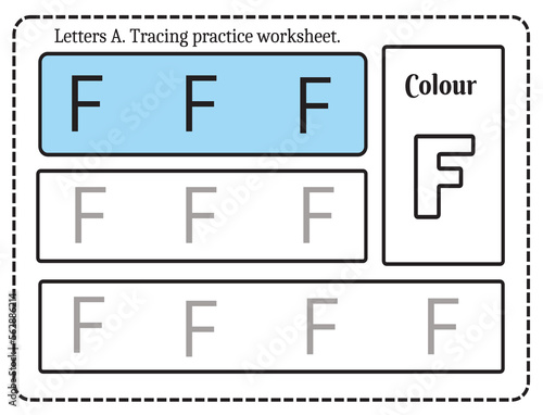 Alphabet letters tracing worksheet with alphabet letter F. Basic writing practice for kindergarten kids worksheet ready to print vector illustration
