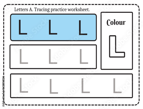 Alphabet letters tracing worksheet with alphabet letter L. Basic writing practice for kindergarten kids worksheet ready to print vector illustration